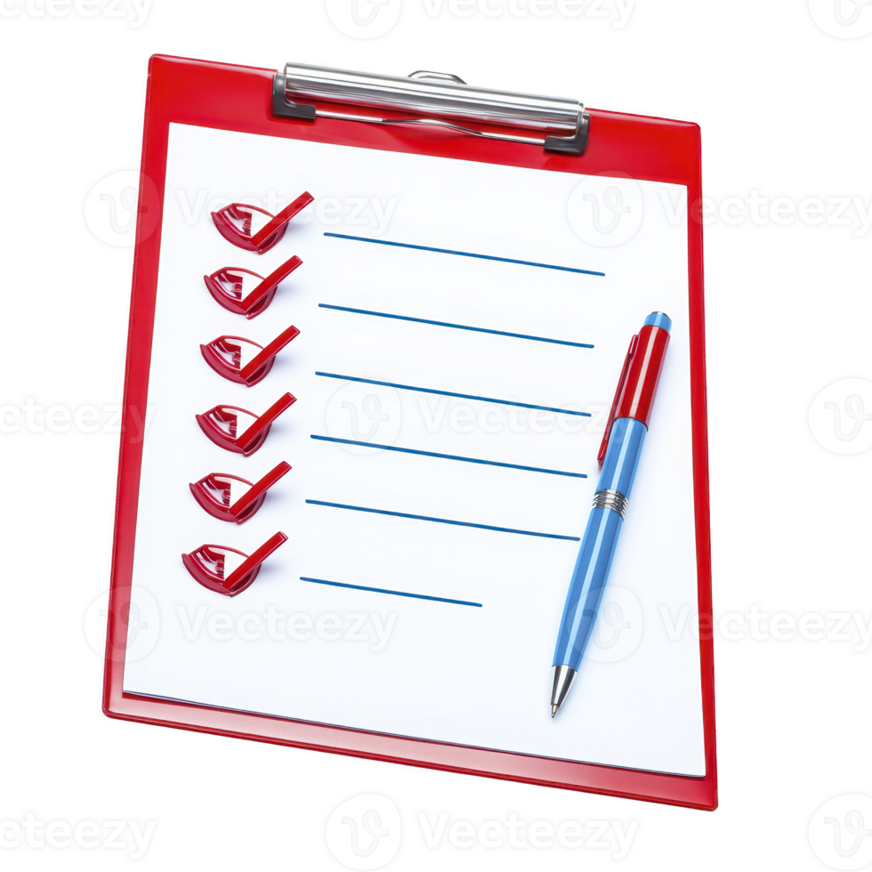 A red clipboard holds blank checklist with red checkmarks and blue pen, ready for notes or tasks. setup is ideal for organization and planning png