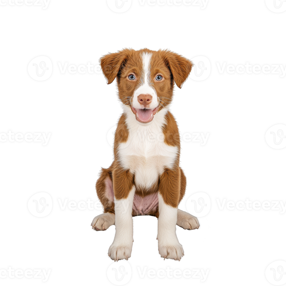 A happy brown and white puppy sits against transparency background, looking directly at camera with joyful expression. puppy ears are perked up, and its tongue is slightly out png