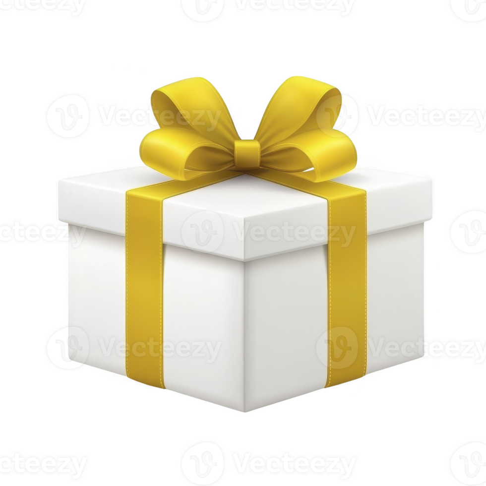 A white gift box with bright yellow ribbon and bow, symbolizing celebration and surprise. Perfect for birthdays, holidays, or special occasions, it conveys joy and anticipation png
