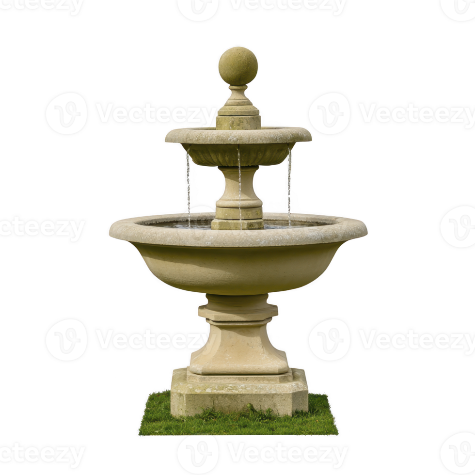 A two tiered stone fountain with spherical finial, water gently cascading down each level, stands on small patch of grass, evoking sense of tranquility and elegance png
