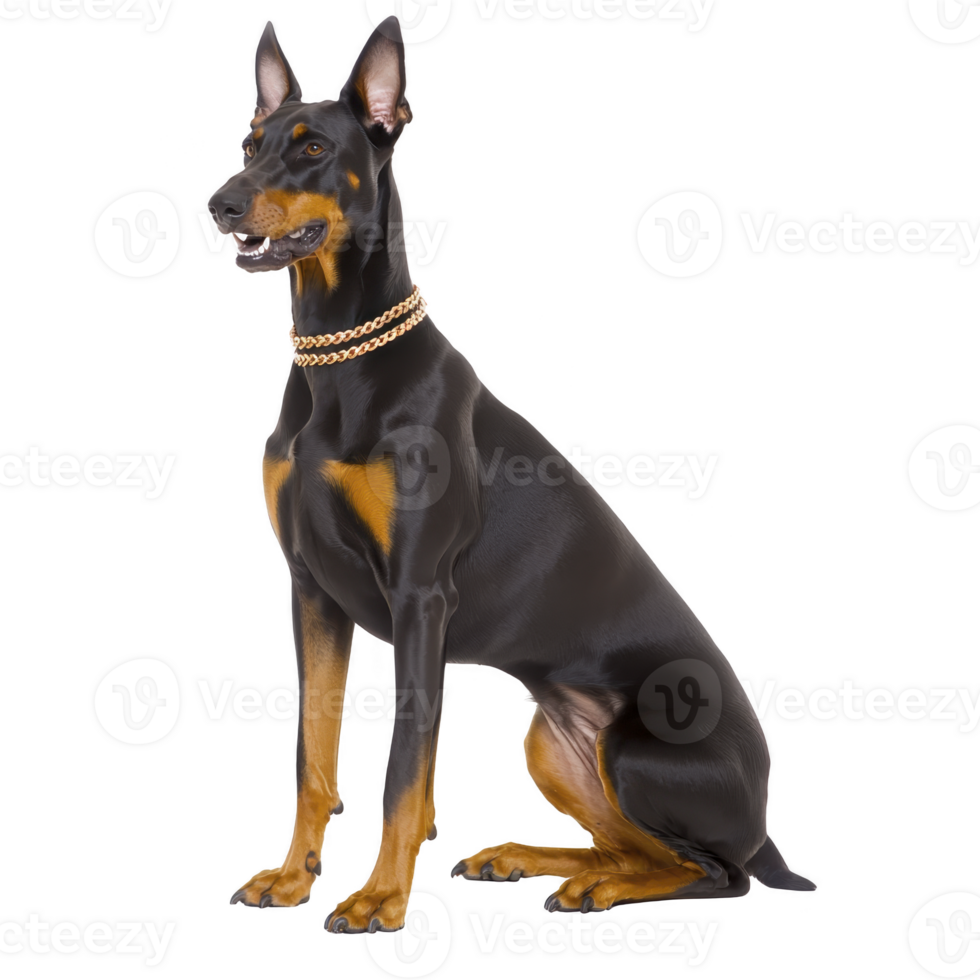A sleek Doberman Pinscher with shiny black and tan coat sits proudly, wearing gold chain collar. dog alert expression and upright ears convey confidence and strength png