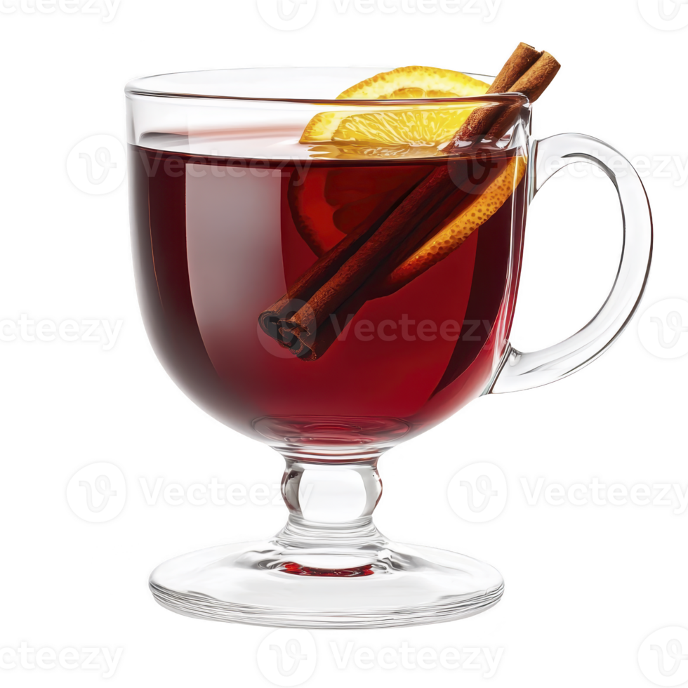 A clear glass mug filled with warm red mulled wine, garnished with slice of orange and cinnamon stick, evokes cozy and inviting atmosphere png