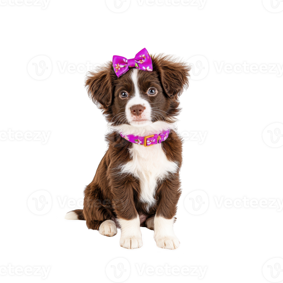 A cute brown and white puppy with pink bow and matching collar sits adorably, showcasing its fluffy fur and playful demeanor. puppy expressive eyes add to its charm png