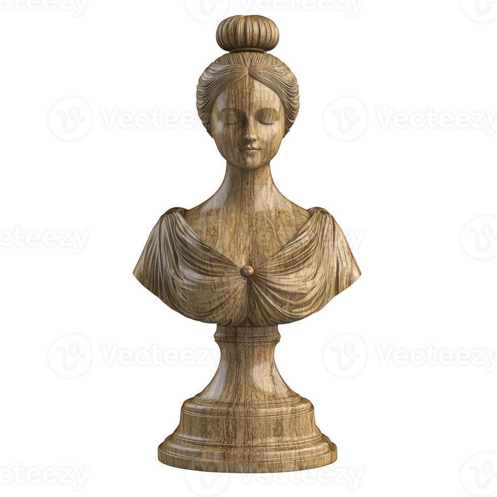 A wooden bust sculpture of woman with serene expression, featuring intricate details and polished finish, showcasing classical elegance png