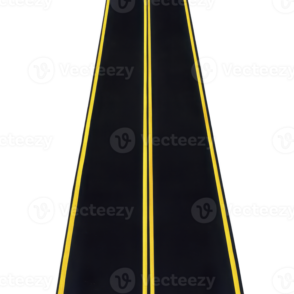 A straight, empty road with bright yellow lines stretches into distance, symbolizing journey or adventure. black asphalt contrasts sharply with vivid yellow, creating sense of direction and focus png