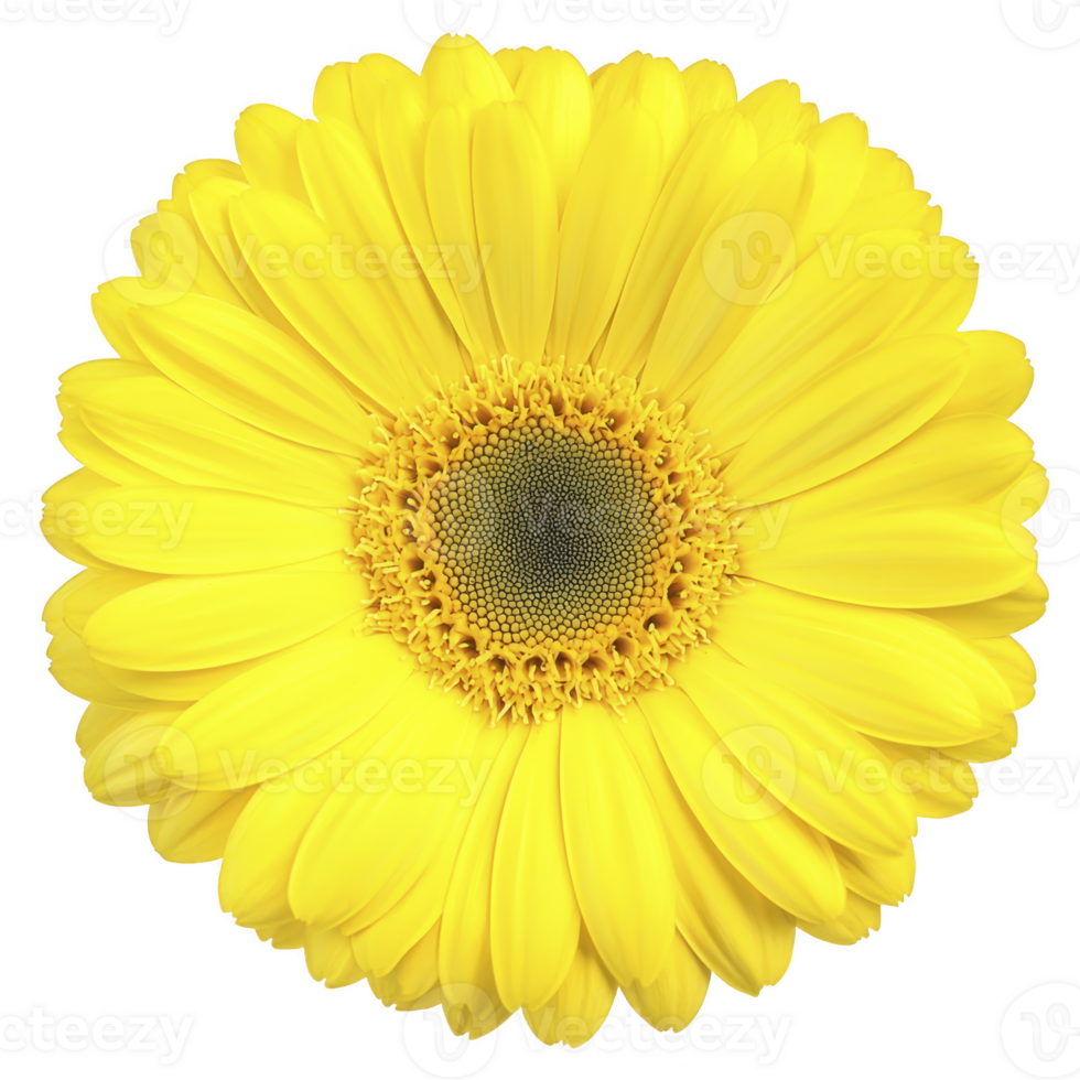 A vibrant yellow gerbera daisy in full bloom, showcasing its bright petals and intricate center, evokes sense of joy and freshness. Perfect for floral arrangements or garden decor png