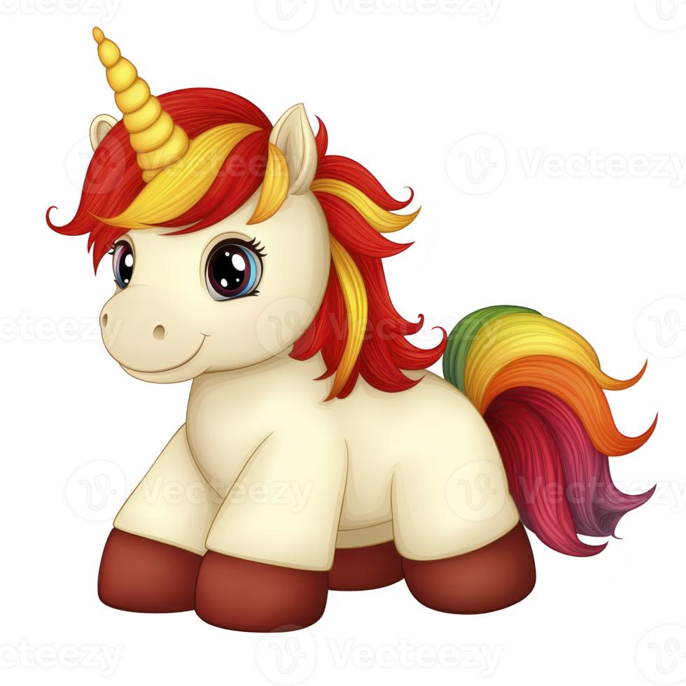 A cute cartoon unicorn with vibrant rainbow mane and tail, featuring cheerful expression and golden horn, stands against transparency background png
