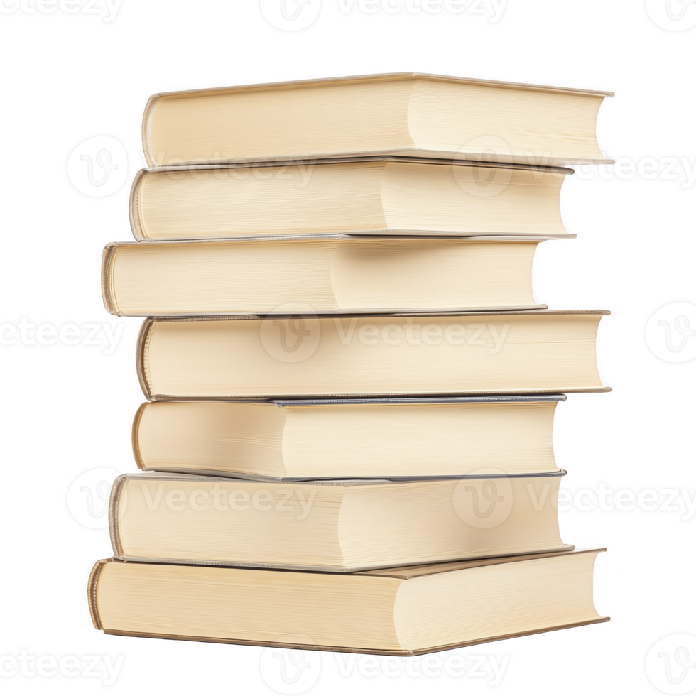 A stack of seven hardcover books with beige pages and no visible titles, symbolizing knowledge and education. books are neatly arranged, creating sense of order and learning png