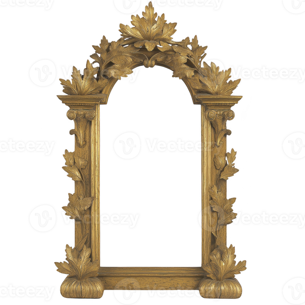 An ornate wooden frame with intricate leaf carvings, showcasing classic and elegant design. arch shape adds touch of sophistication, making it ideal for traditional decor png