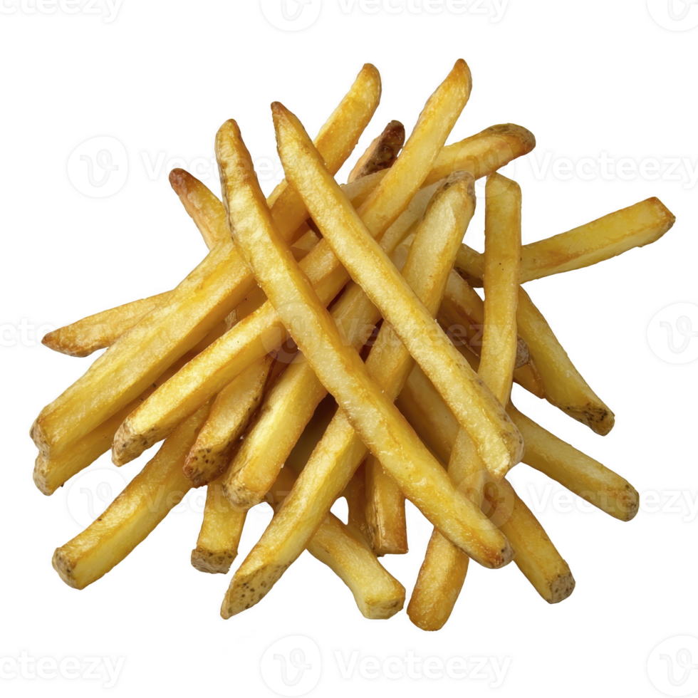 A Golden, crispy French fries stacked in tempting pile, showcasing their delicious texture and inviting appearance. Perfect for snack or side dish png