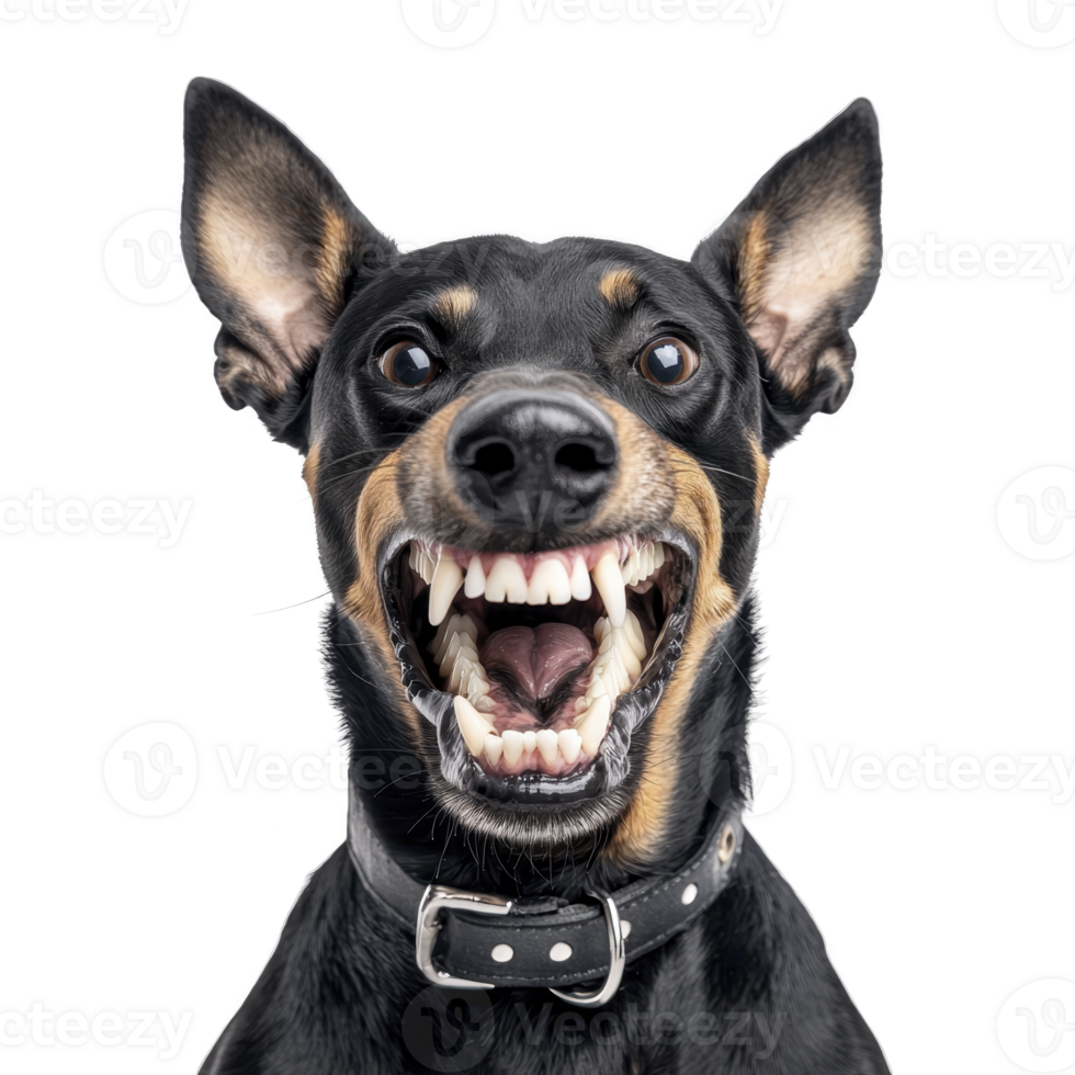 A fierce looking black and tan dog with bared teeth and pointed ears, wearing collar, stands against plain background, showcasing intense expression png