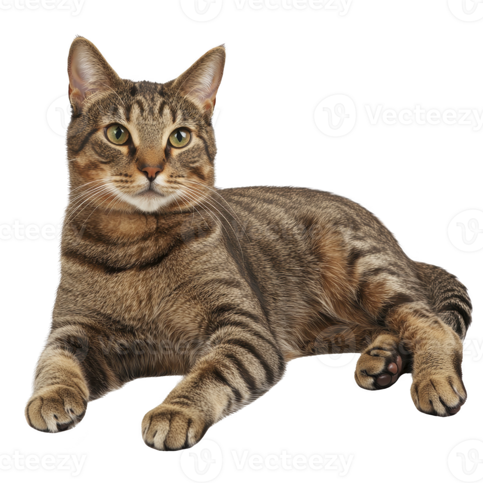 A relaxed tabby cat with striking green eyes lies comfortably, showcasing its beautiful striped fur pattern. cat attentive gaze and poised posture convey sense of calm and curiosity png