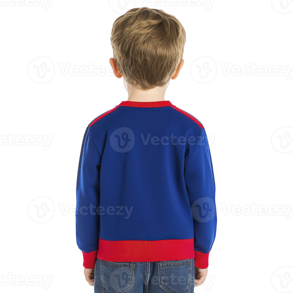 A young child with short hair is wearing blue and red jacket, standing with their back to camera. jacket has vibrant blue color with red accents, and child is also wearing blue jeans png