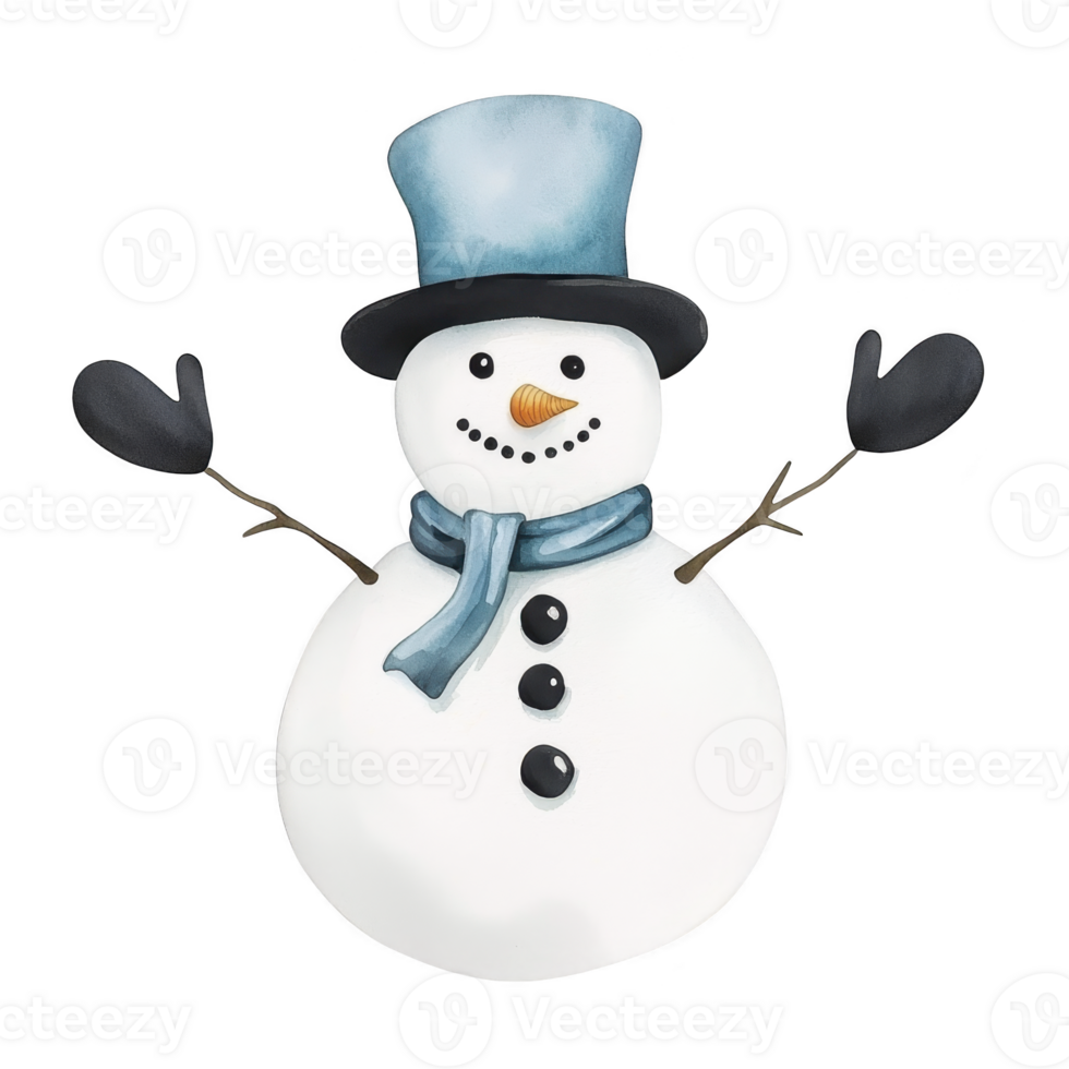 A cheerful snowman with blue hat and scarf, black buttons, and stick arms, smiling joyfully. snowman is set against transparent background, conveying festive winter theme png