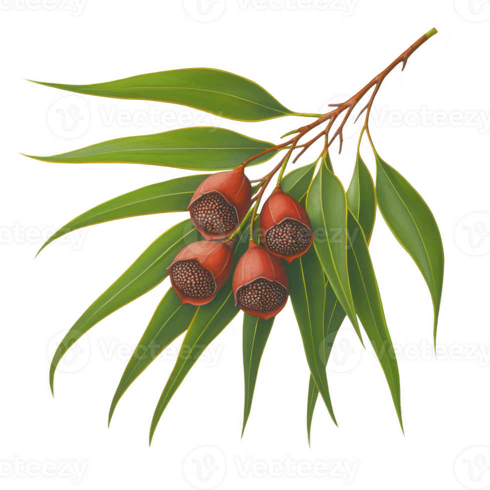 A vibrant illustration of eucalyptus leaves and seed pods showcases natural beauty and intricate details of this plant. green leaves contrast with reddish brown seed pods, creating striking visual png