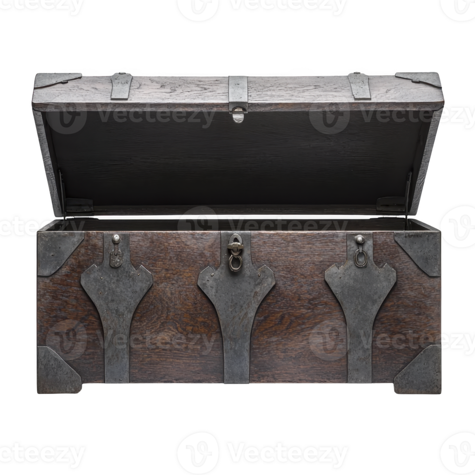 An open vintage wooden chest with metal accents and rustic appearance, showcasing intricate craftsmanship. chest exudes sense of mystery and history, inviting curiosity png