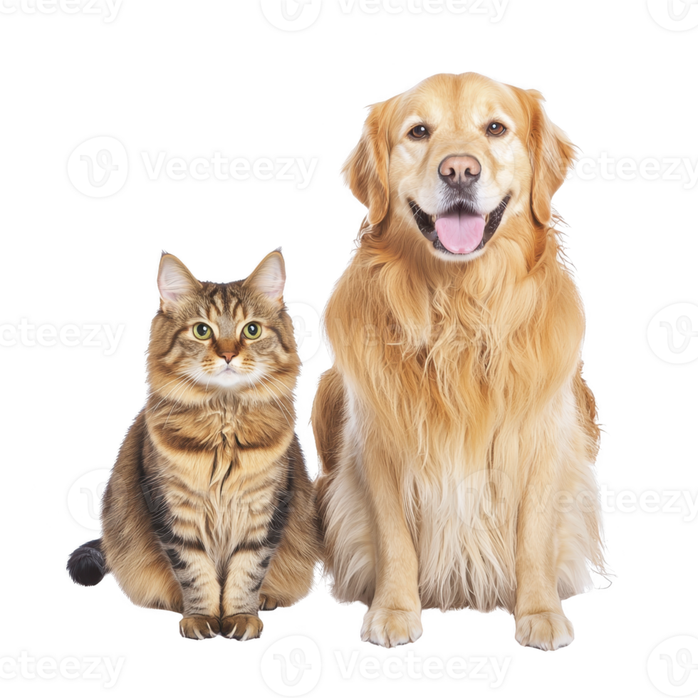 A fluffy tabby cat and cheerful golden retriever sit side by side, showcasing their friendly companionship. cat striped fur contrasts with dog golden coat, creating heartwarming scene png