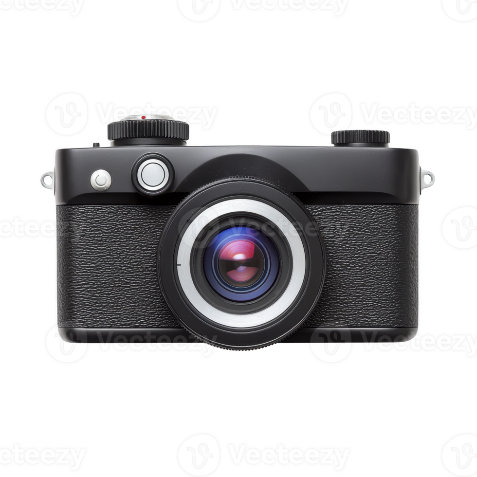 A black vintage style camera with textured grip and prominent lens is shown against transparency background. camera features classic design with large central lens and minimalistic controls png