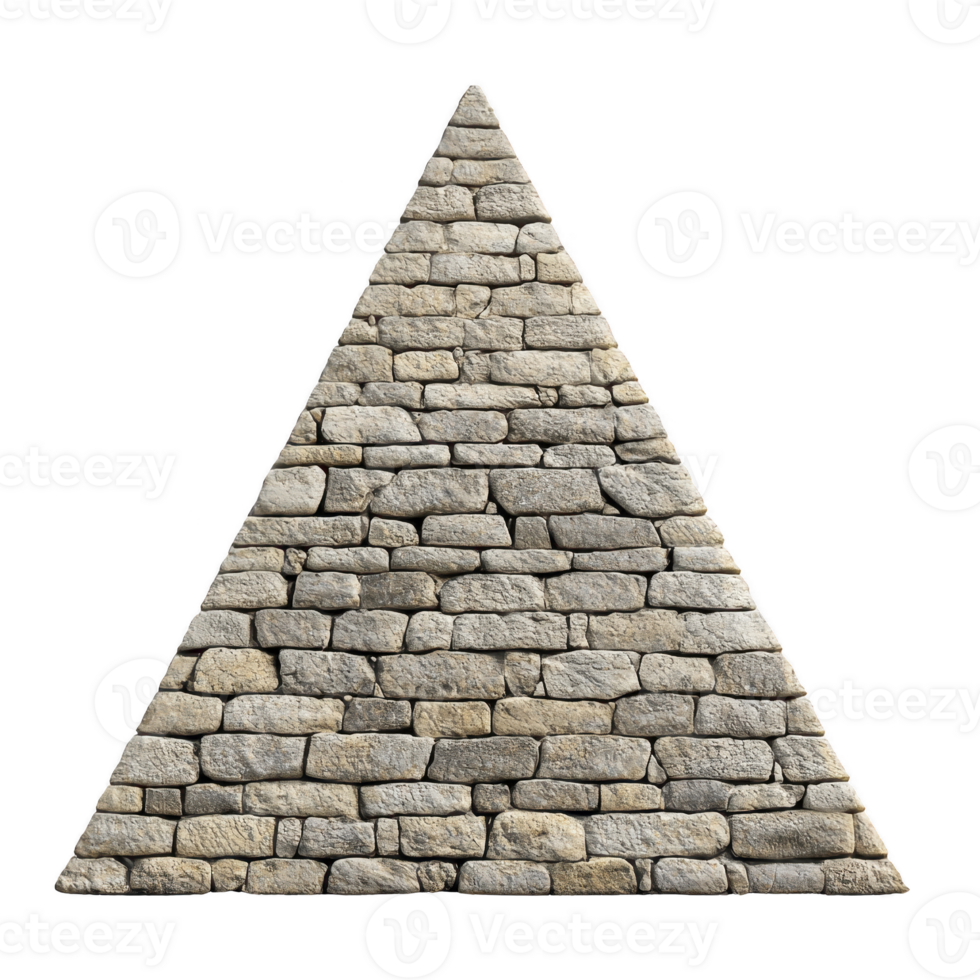 A stone pyramid shape made of textured bricks, creating rustic and ancient appearance. triangular structure is composed of various shades of gray and beige stones, giving it natural look png