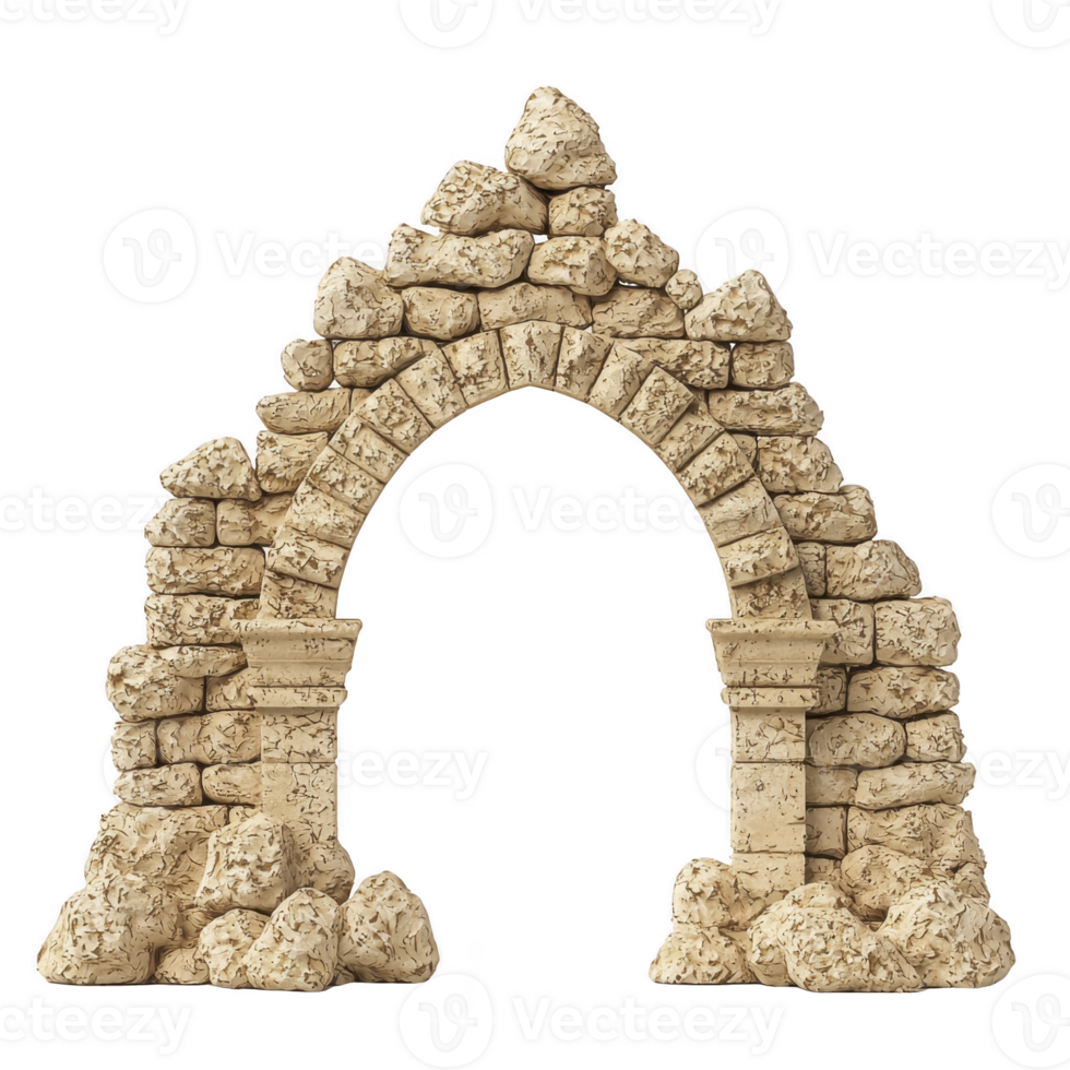 A stone archway made of irregularly shaped rocks stands with rustic, ancient appearance, evoking sense of history and mystery. arch is partially crumbled, adding to its aged charm png
