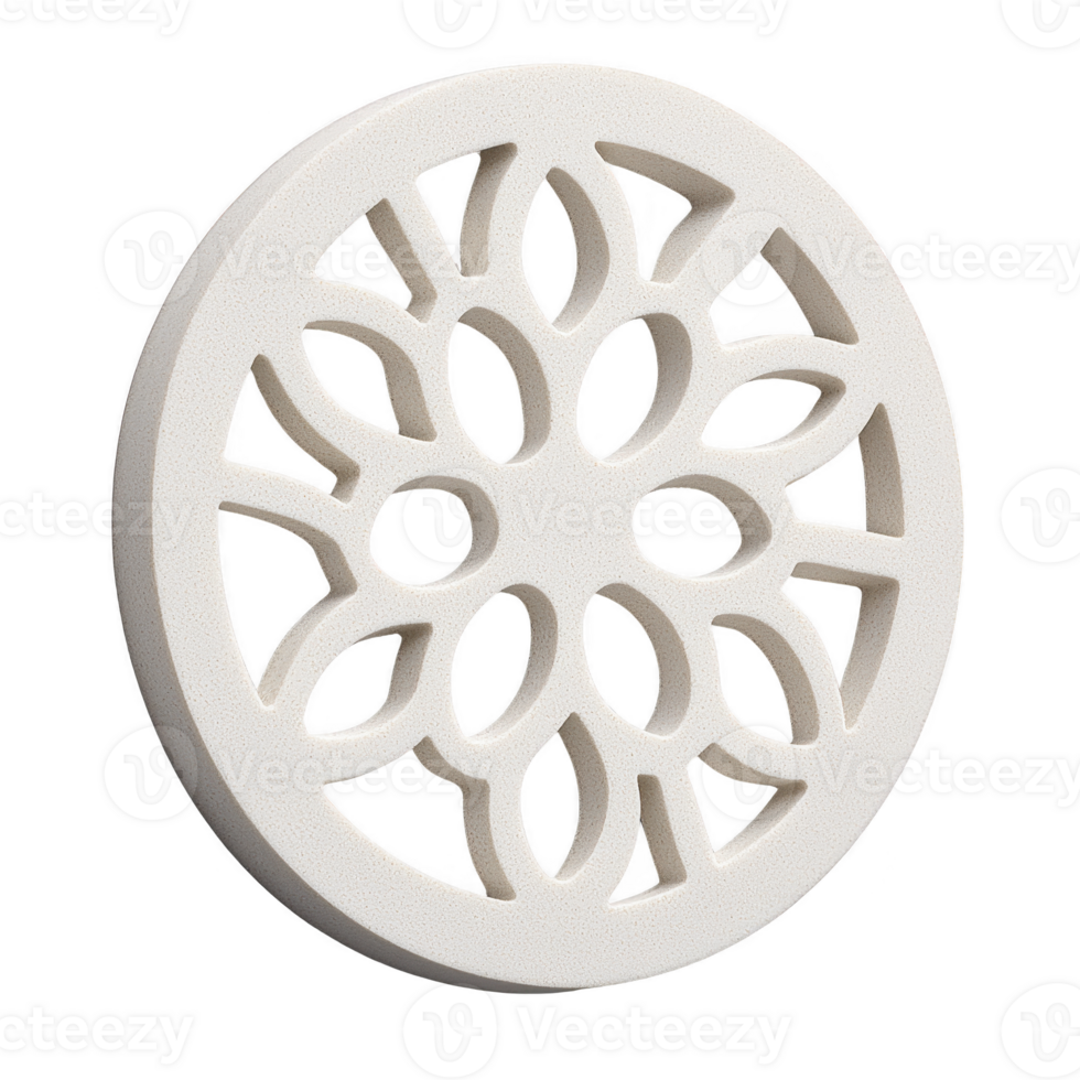 A decorative white circular ornament with intricate floral pattern, featuring symmetrical leaf like cutouts, creating delicate and elegant design png