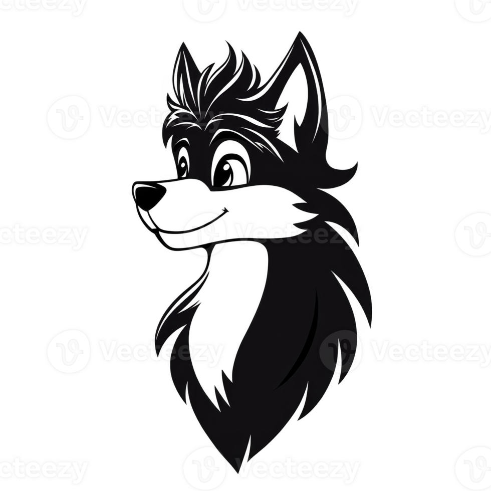 A stylized black and white illustration of cartoon wolf with playful expression, featuring exaggerated features and fluffy mane. design is simple yet expressive, capturing whimsical and friendly png