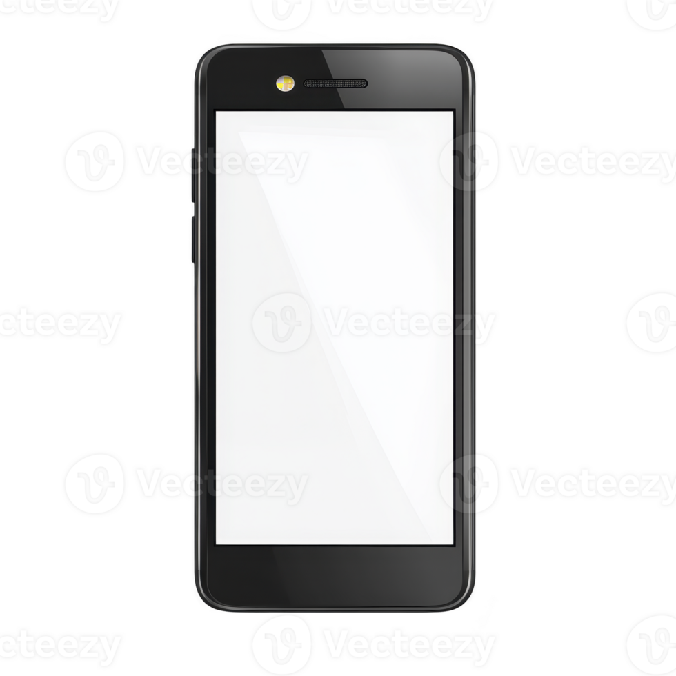 A sleek black smartphone with blank screen, featuring front facing camera and flash, is displayed against transparency background. minimalist design emphasizes modern technology png