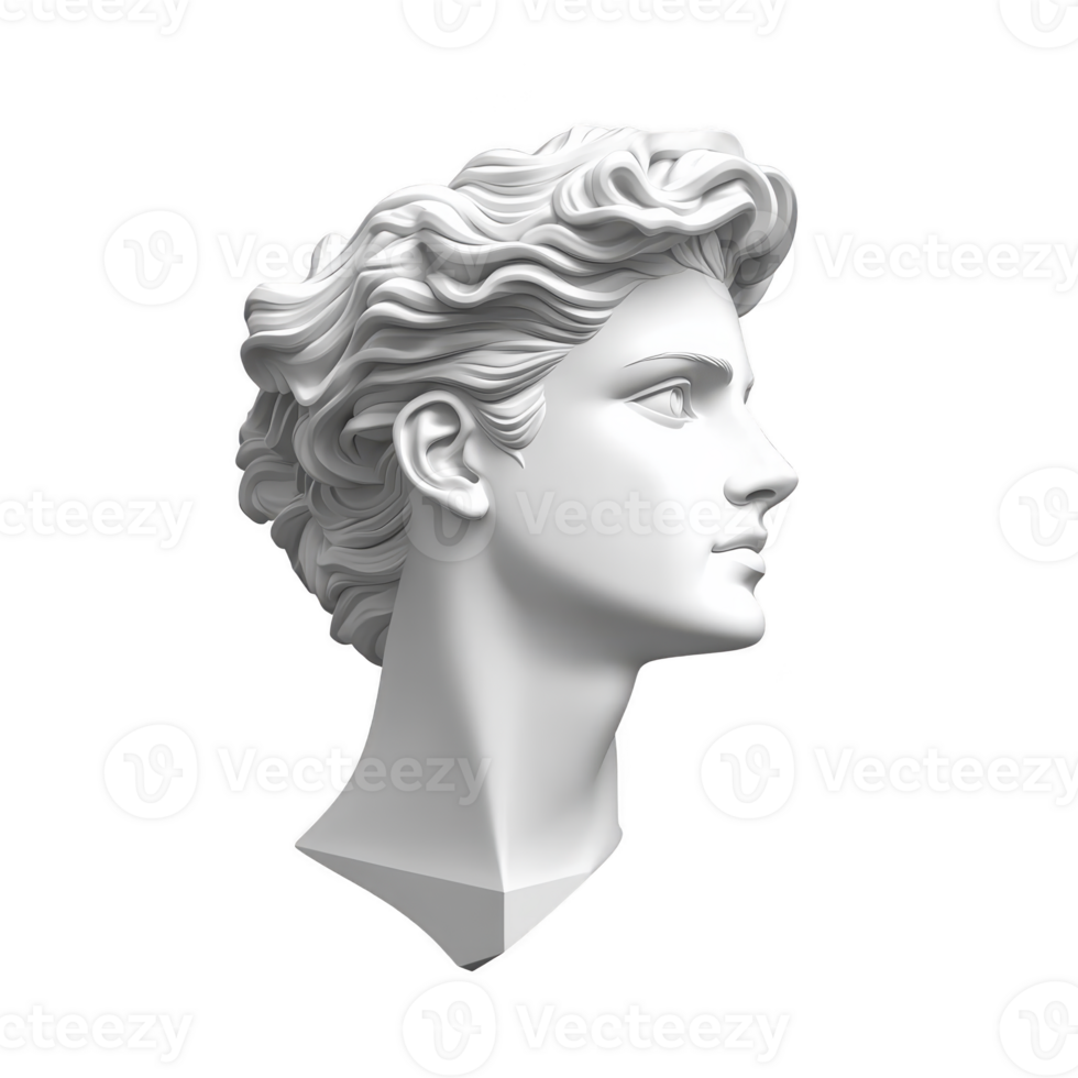 A white marble bust of classical male figure with wavy hair, showcasing intricate details and serene expression, reminiscent of ancient Greek or Roman sculpture png