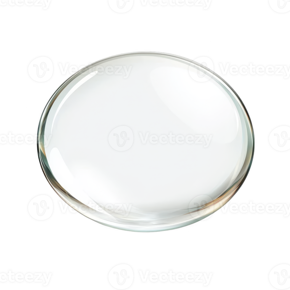 A clear, round glass lens with smooth surface is shown against plain background, reflecting light subtly. lens appears to be used for magnification or optical purposes png