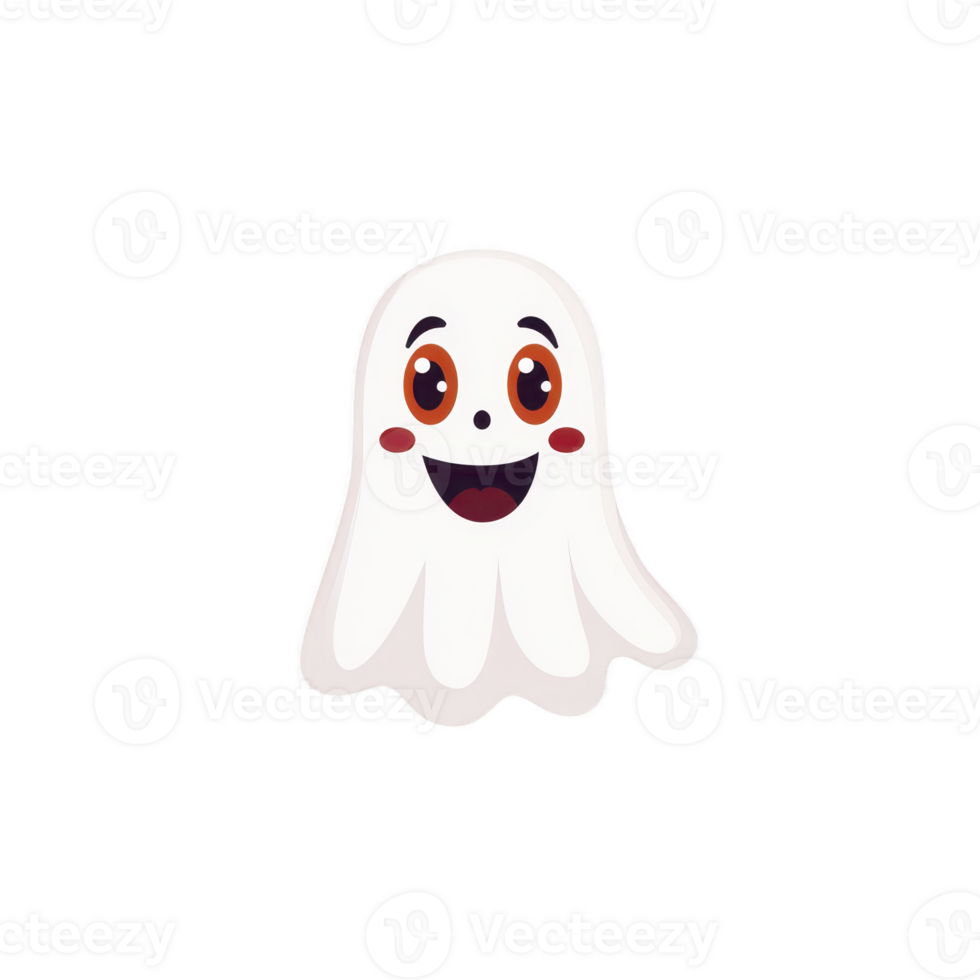 A cute cartoon ghost with happy expression, featuring big eyes and wide smile, is set against plain background. ghost is white with simple, playful design png