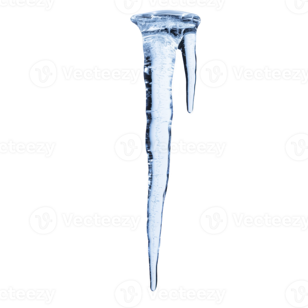A single, elongated icicle with smooth, glossy surface hangs against transparency background, showcasing its clear, frozen structure png