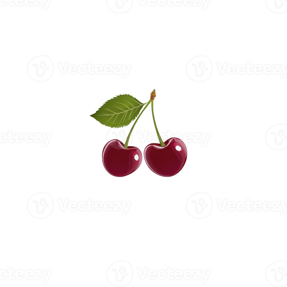 A Two glossy red cherries with green leaves are depicted transparency background, showcasing their vibrant color and fresh appearance. cherries are connected by single stem, emphasizing their png