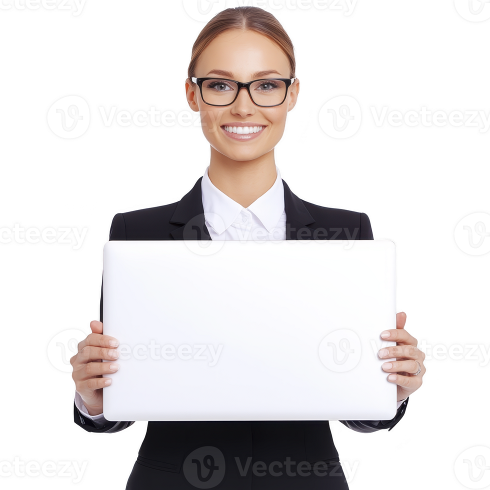 A professional woman in suit and glasses holds blank laptop, smiling confidently. image conveys sense of professionalism and technology, ideal for business or tech related themes png