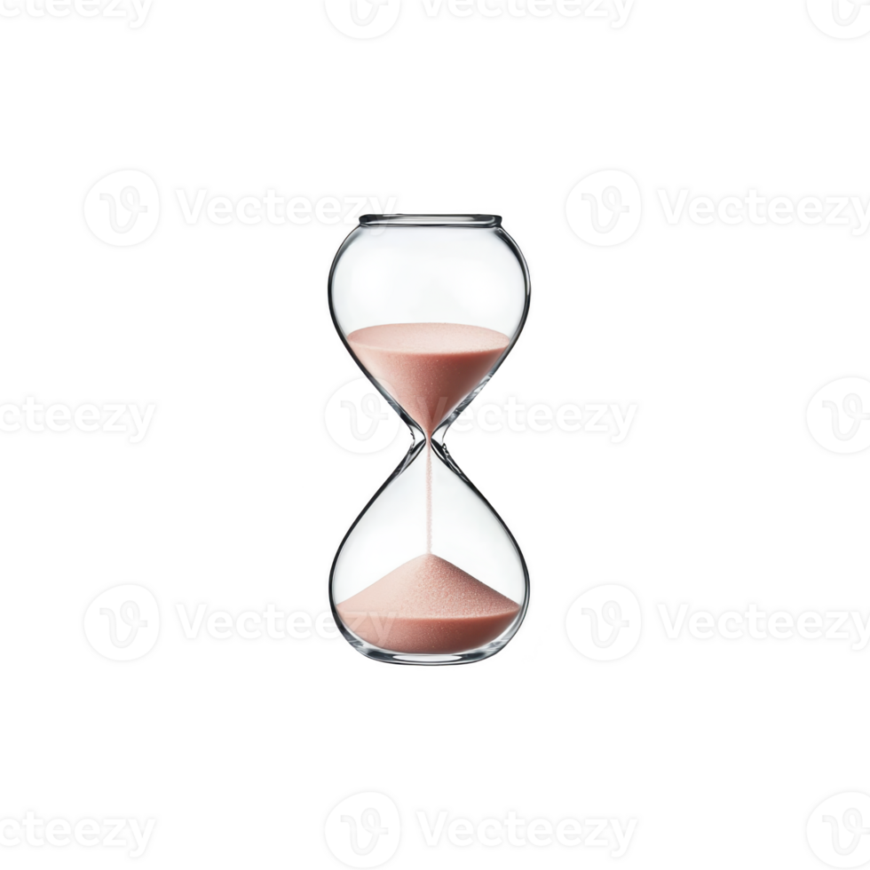 A clear hourglass with pink sand elegantly flows from top to bottom chamber, symbolizing passage of time. minimalist design evokes sense of calm and reflection png