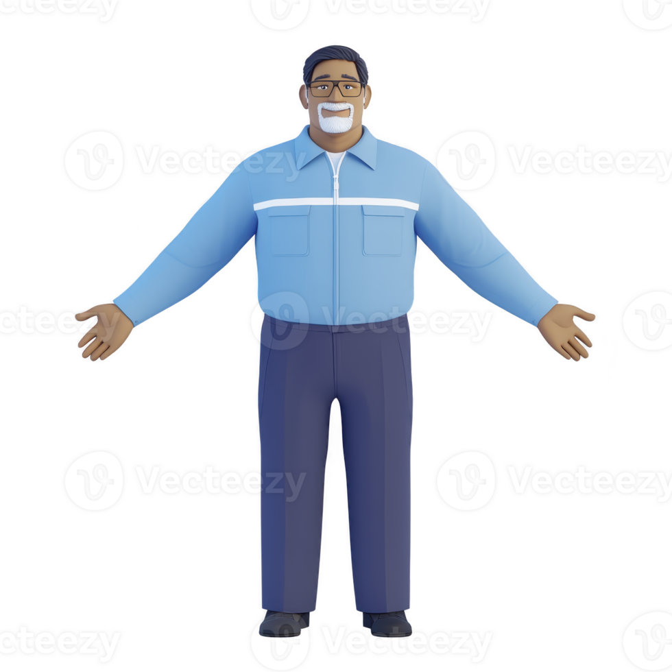 A friendly animated character with glasses, wearing light blue shirt and dark blue pants, stands with open arms. character has welcoming expression, conveying warmth and approachability png