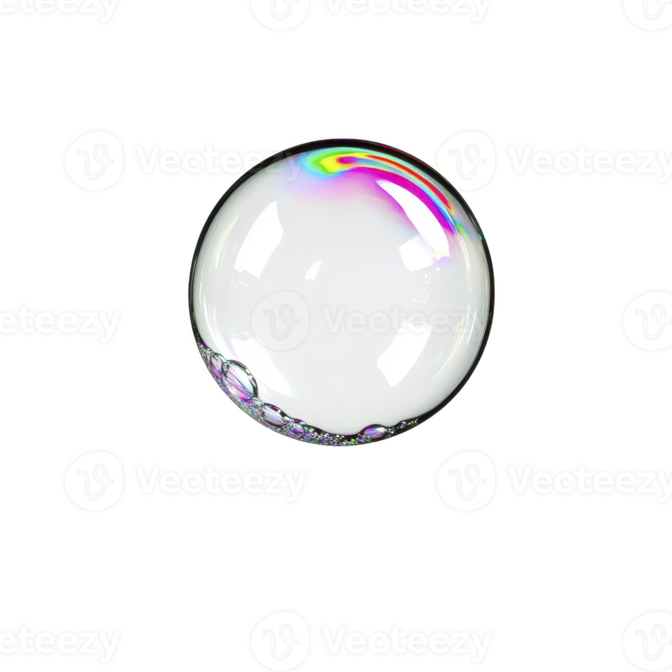 A single, delicate soap bubble floats against transparency background, displaying spectrum of colors on its surface. bubble iridescence creates mesmerizing effect, capturing light in playful dance png