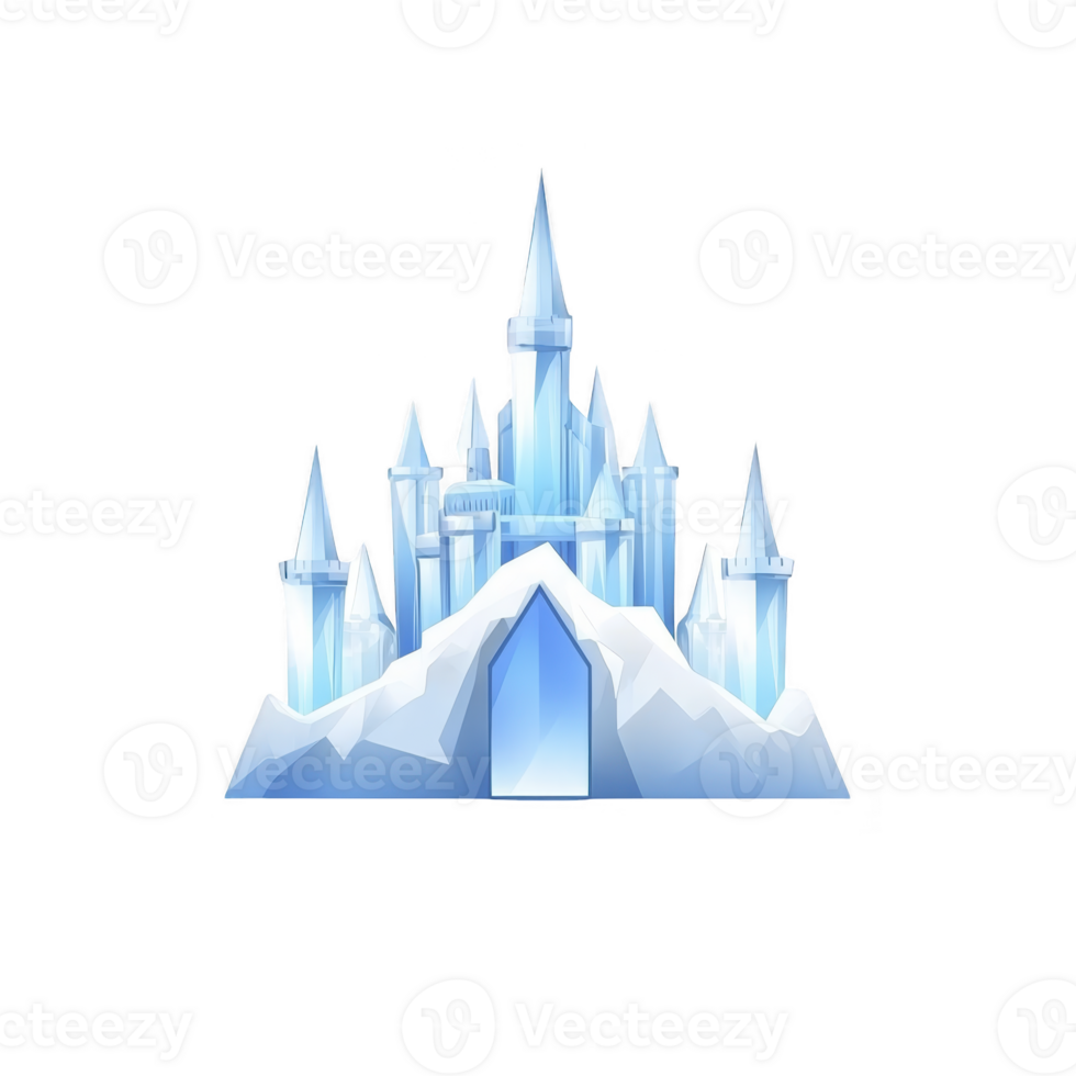 An enchanting ice castle with tall spires and icy blue hues stands majestically atop snowy mountain, evoking sense of wonder and magic png
