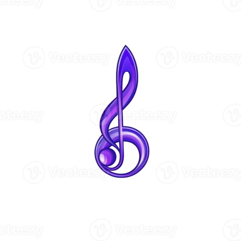 A vibrant purple treble clef symbol stands out against transparency background, showcasing glossy and artistic design. musical note exudes creativity and elegance, perfect for music themed projects png