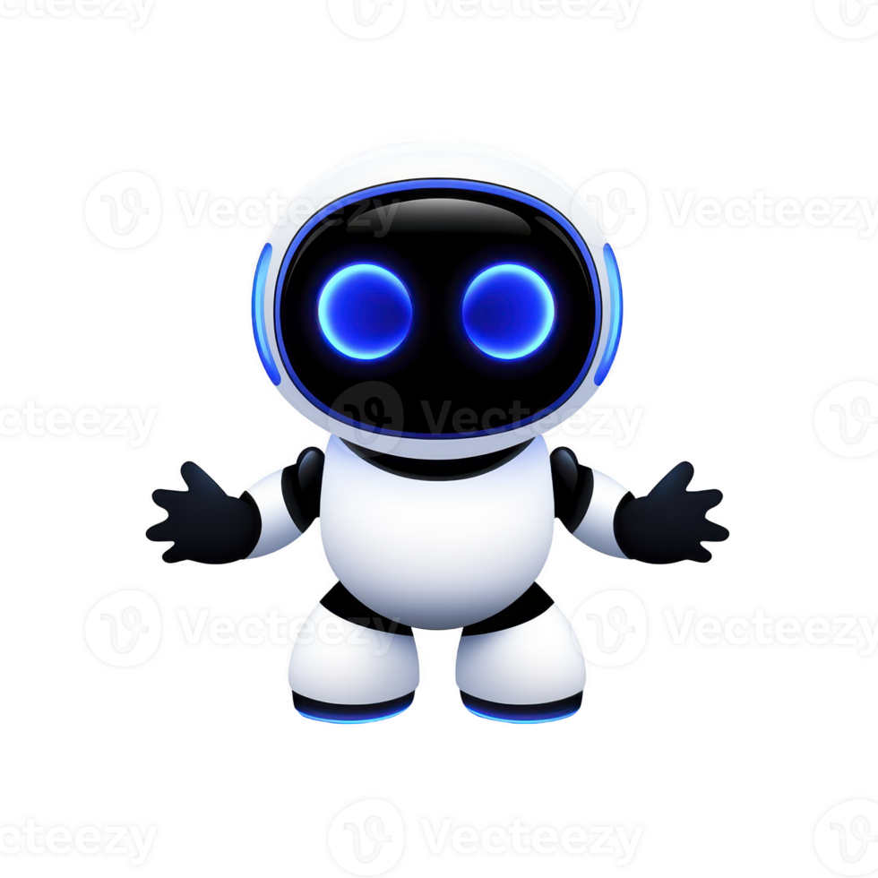 A cute, futuristic robot with white and black body and glowing blue eyes stands with open arms, conveying friendly and welcoming demeanor png