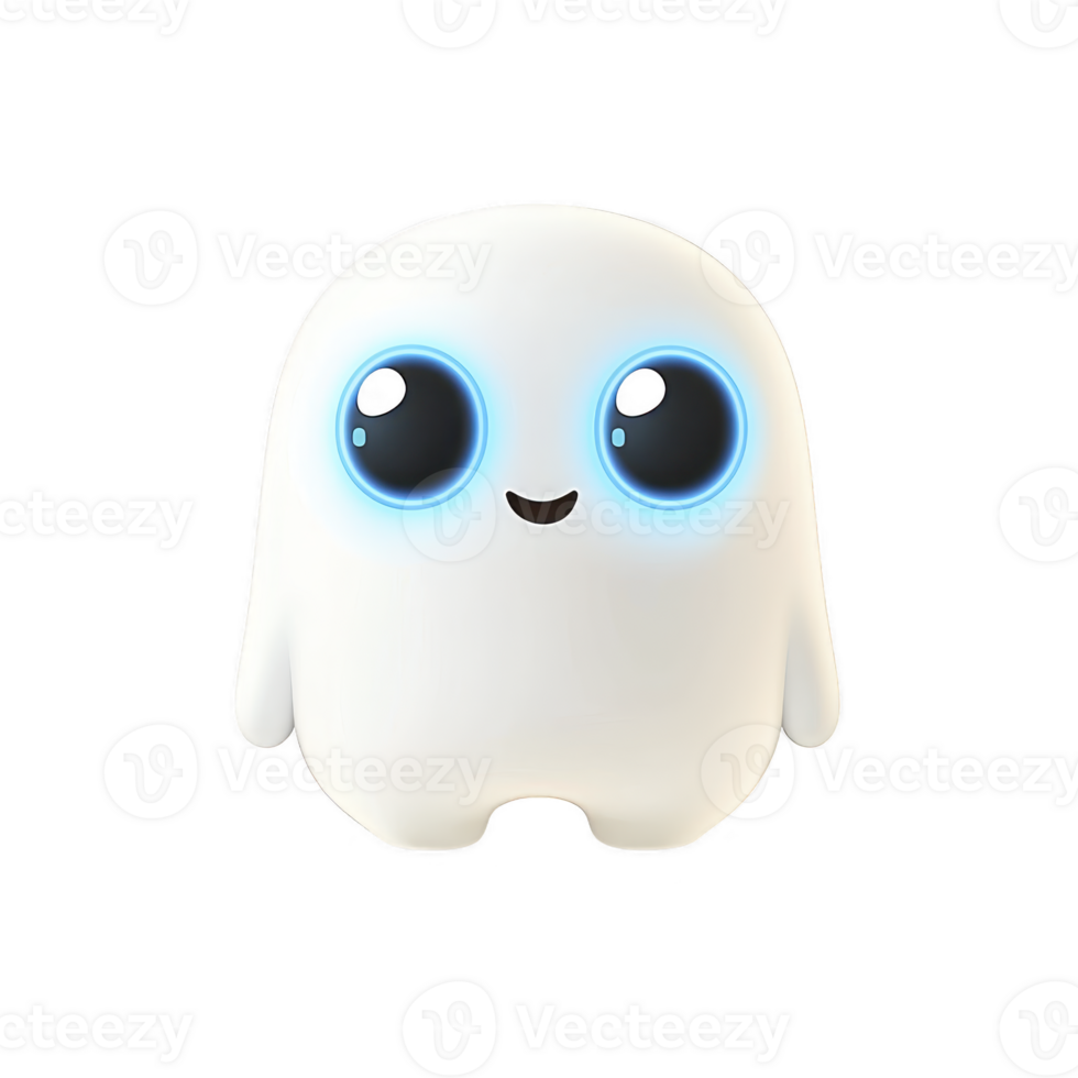 A cute, glowing eyed white robot with friendly expression stands against plain background, showcasing its adorable design and futuristic appeal png