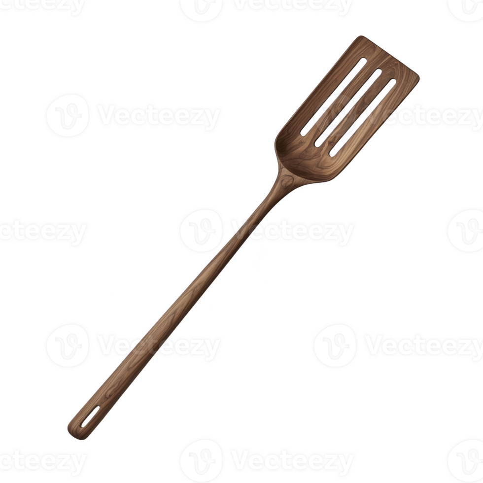 A wooden slotted spatula with long handle, ideal for cooking and flipping food. natural wood grain adds rustic charm, making it both functional and aesthetically pleasing png