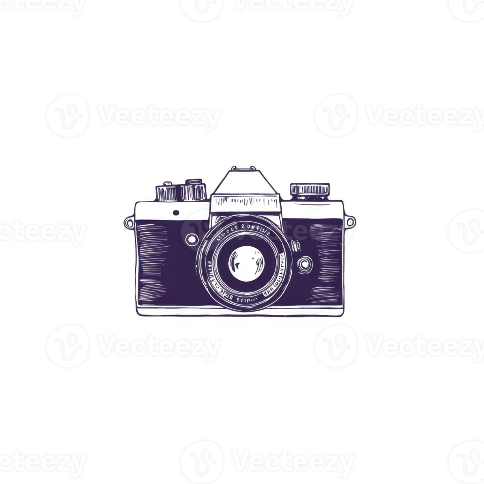 A This features vintage style camera illustration with purple hue, showcasing classic design with lens and dials. artistic rendering gives it retro and nostalgic feel. vintage camera illustration png