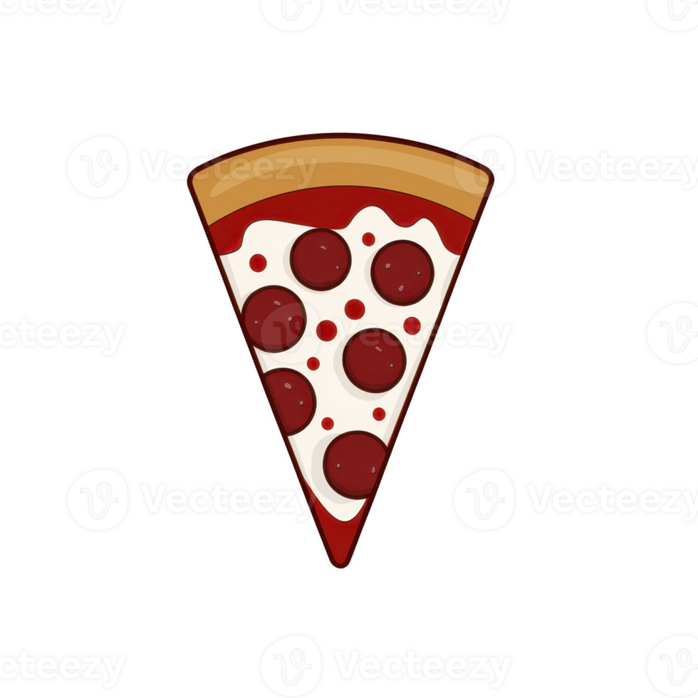 A slice of pepperoni pizza with golden crust and melted cheese, topped with round pepperoni slices, is depicted in simple, cartoon style. image conveys sense of deliciousness and fun png