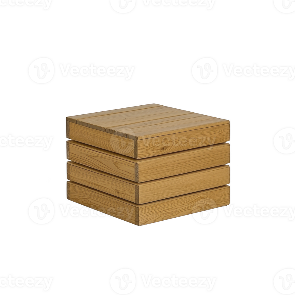 A wooden crate with simple, rustic design is shown, featuring natural wood finish and horizontal slats. crate is square shaped and appears sturdy, suitable for storage or decoration png