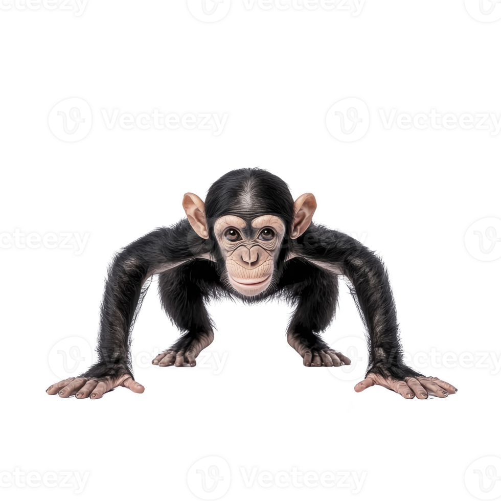 A playful chimpanzee crouches with curious expression, showcasing its agile limbs and expressive face. detailed fur texture highlights its natural beauty png