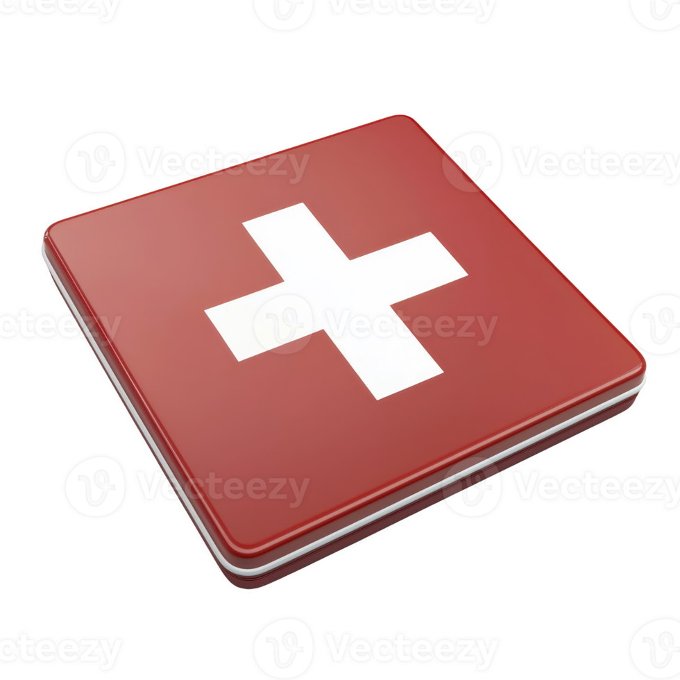 A red square button with white cross symbol, representing medical or emergency sign, is depicted. button has glossy finish and three dimensional appearance png