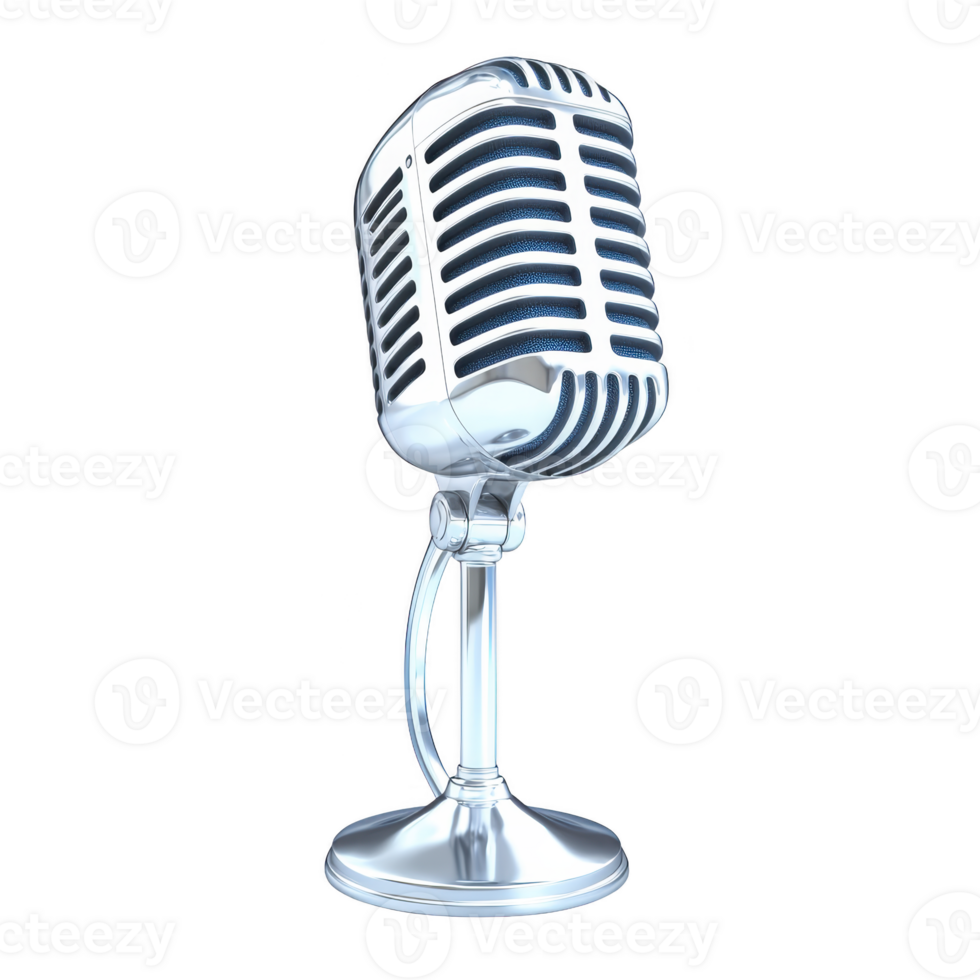 A vintage style silver microphone with classic design stands on sleek stand, evoking sense of nostalgia and elegance. Perfect for broadcasting or musical performances png