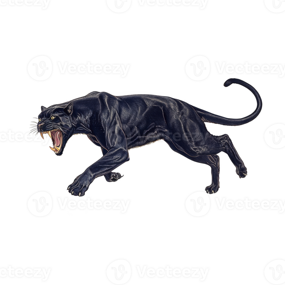 A fierce black panther is depicted in dynamic, leaping pose with its mouth open, showcasing sharp teeth. sleek, muscular body and intense expression convey power and agility png