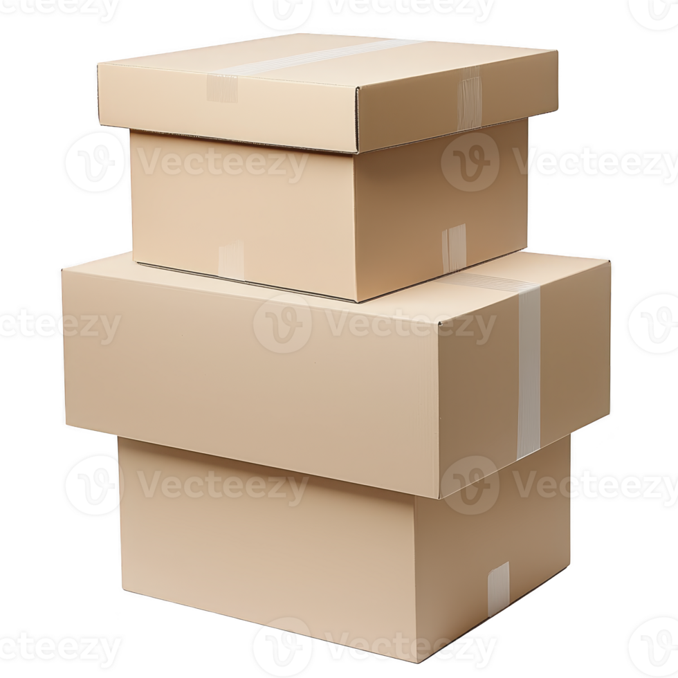 A Three stacked cardboard boxes with tape are arranged in neat pile, ready for shipping or storage. boxes are plain and sturdy, ideal for packaging various items securely png