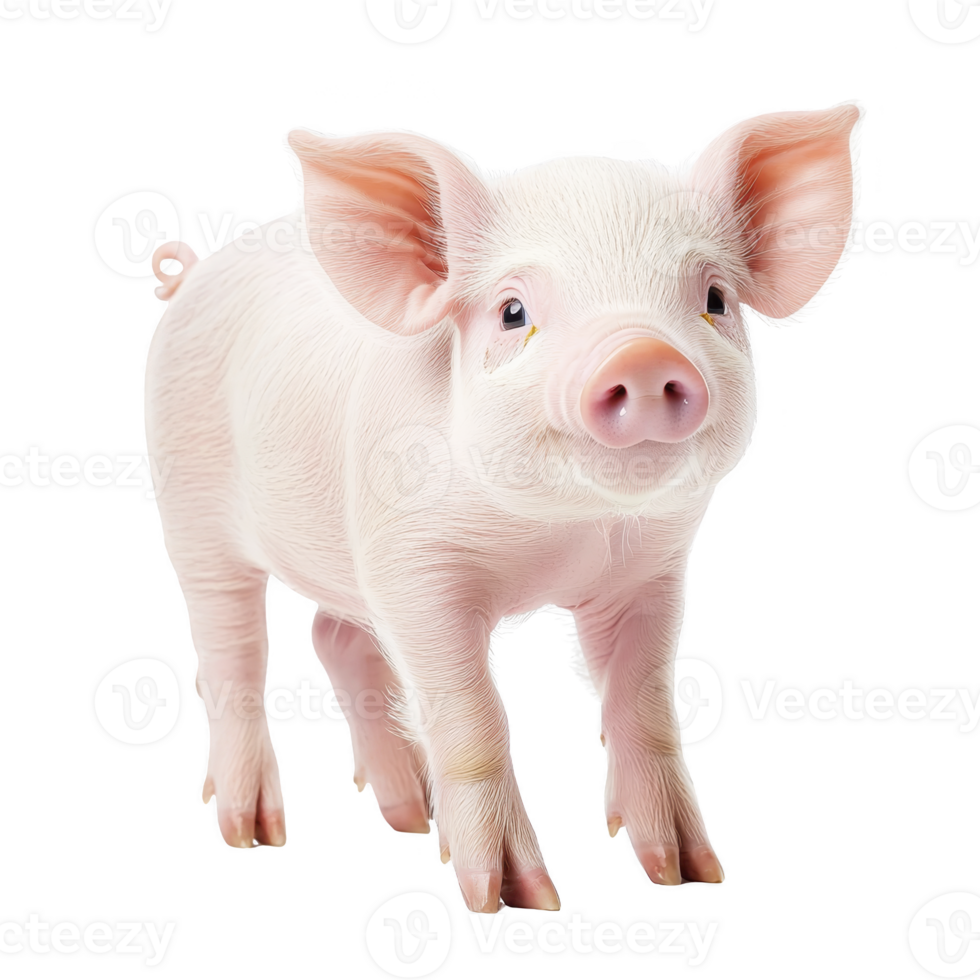 A cute pink piglet stands on transparency background, showcasing its small size and adorable features. piglet ears are perked up, and its expression is curious and playful png